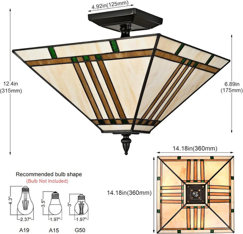 Guardiagrele Tiffany Style 3-Light Semi-Flush Mount Geometric Stained Glass Ceiling Light