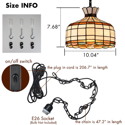 Urbino Black Tiffany Plug-In Pendant Light with Stained Glass Dome Shade