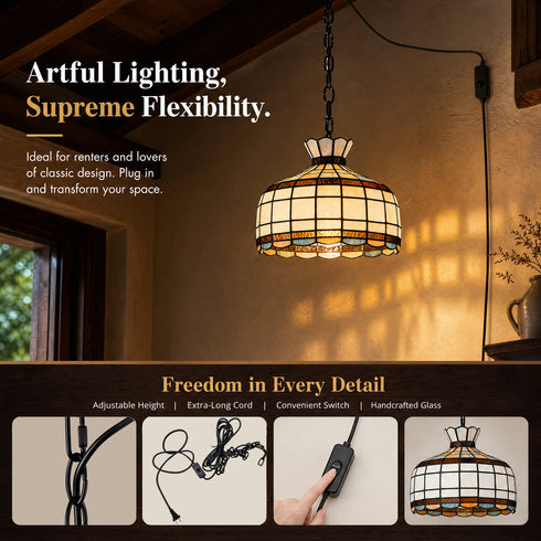 Urbino Black Tiffany Plug-In Pendant Light with Stained Glass Dome Shade