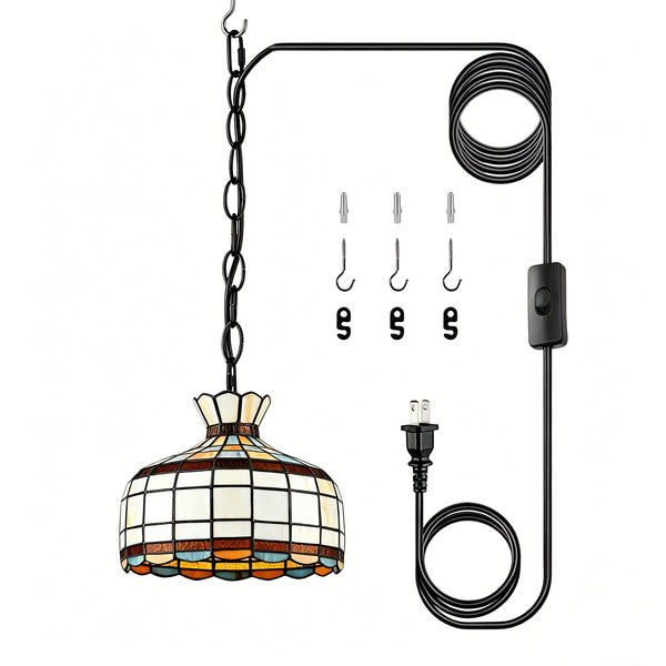 Urbino Black Tiffany Plug-In Pendant Light with Stained Glass Dome Shade