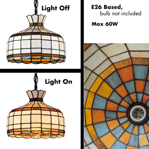Urbino Black Tiffany Plug-In Pendant Light with Stained Glass Dome Shade