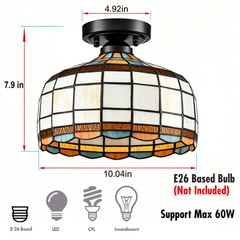 Lucca Tiffany Style Black Flush Mount Ceiling Light with Dome Stained Glass