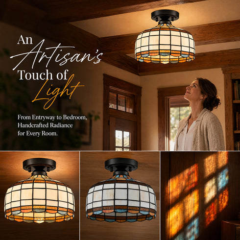 Lucca Tiffany Style Black Flush Mount Ceiling Light with Dome Stained Glass