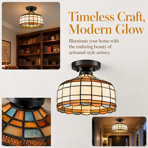 Lucca Tiffany Style Black Flush Mount Ceiling Light with Dome Stained Glass