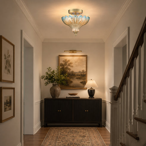 Modica 2-Light Gold Semi-Flush Mount Ceiling Light with Blue & Amber Feather Glass Shade