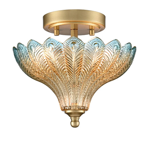 Modica 2-Light Gold Semi-Flush Mount Ceiling Light with Blue & Amber Feather Glass Shade