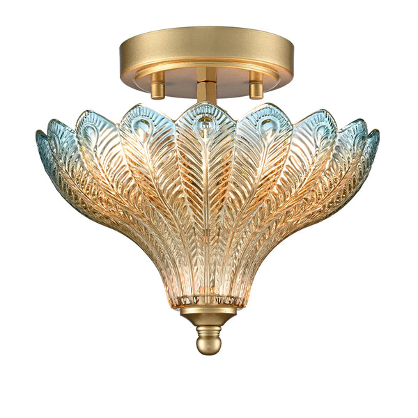 Modica 2-Light Gold Semi-Flush Mount Ceiling Light with Blue & Amber Feather Glass Shade