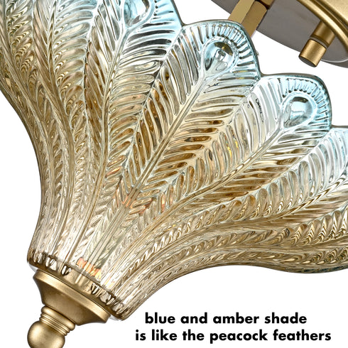 Modica 2-Light Gold Semi-Flush Mount Ceiling Light with Blue & Amber Feather Glass Shade