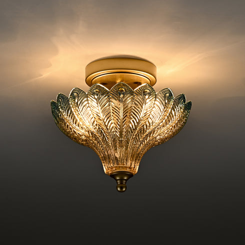 Modica 2-Light Gold Semi-Flush Mount Ceiling Light with Blue & Amber Feather Glass Shade