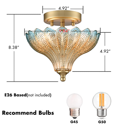 Modica 2-Light Gold Semi-Flush Mount Ceiling Light with Blue & Amber Feather Glass Shade