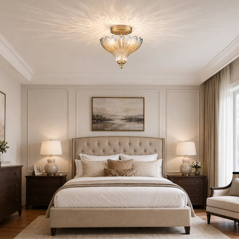 Modica 2-Light Gold Semi-Flush Mount Ceiling Light with Blue & Amber Feather Glass Shade