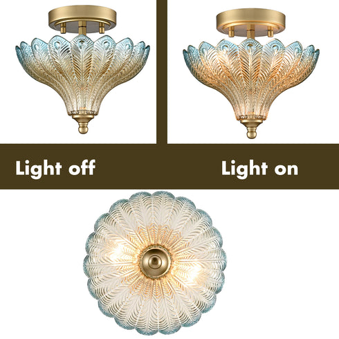 Modica 2-Light Gold Semi-Flush Mount Ceiling Light with Blue & Amber Feather Glass Shade