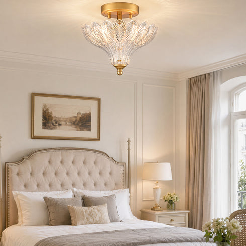 Erice 2-Light Gold Semi-Flush Mount Ceiling Light with Clear Feather Glass Shade