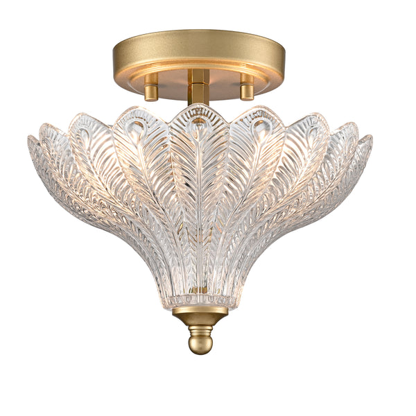 Erice 2-Light Gold Semi-Flush Mount Ceiling Light with Clear Feather Glass Shade