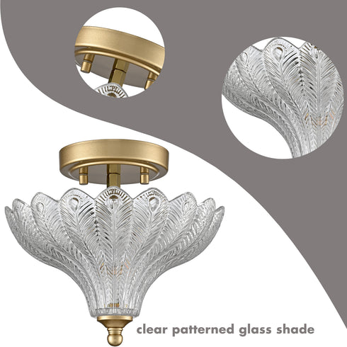 Erice 2-Light Gold Semi-Flush Mount Ceiling Light with Clear Feather Glass Shade
