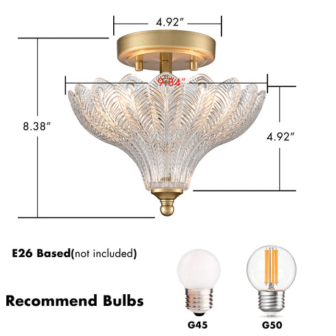 Erice 2-Light Gold Semi-Flush Mount Ceiling Light with Clear Feather Glass Shade