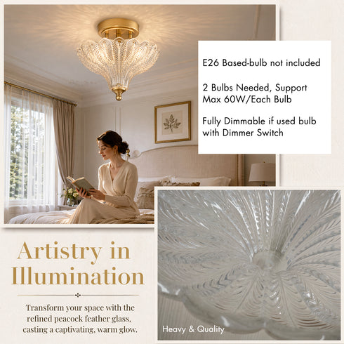 Erice 2-Light Gold Semi-Flush Mount Ceiling Light with Clear Feather Glass Shade