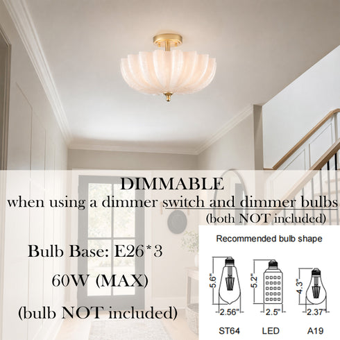 Siracusa Modern Gold Milky Crackle Glass 3-Light Semi-Flush Mount Ceiling Light