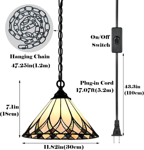 Ragusa Tiffany Style Plug-In Stained Glass Cone Pendant Light