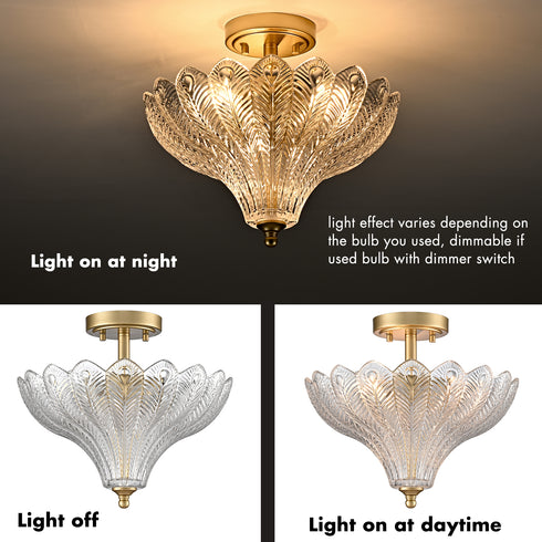 Trapani Gold 3-Light Semi-Flush Mount Ceiling Light with Art Glass Shade