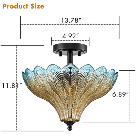 Tropea Black 3-Light Semi-Flush Mount Ceiling Light with Blue-to-Amber Art Glass Shade