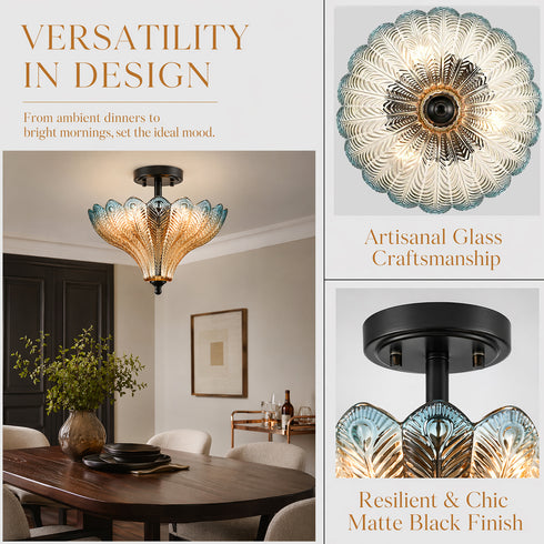 Tropea Black 3-Light Semi-Flush Mount Ceiling Light with Blue-to-Amber Art Glass Shade