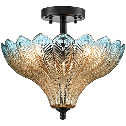 Tropea Black 3-Light Semi-Flush Mount Ceiling Light with Blue-to-Amber Art Glass Shade
