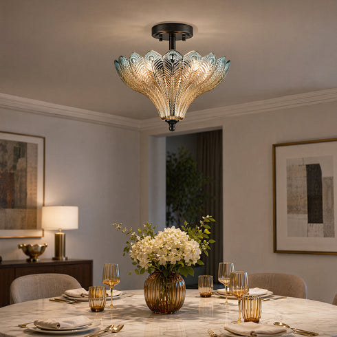 Tropea Black 3-Light Semi-Flush Mount Ceiling Light with Blue-to-Amber Art Glass Shade