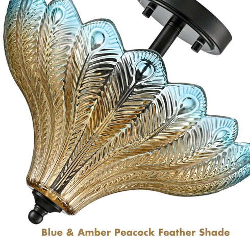Tropea Black 3-Light Semi-Flush Mount Ceiling Light with Blue-to-Amber Art Glass Shade