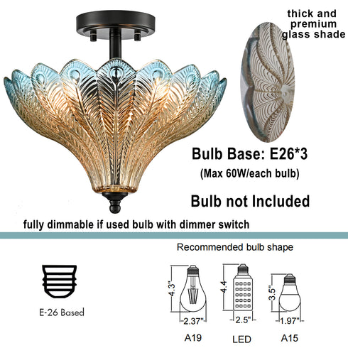 Tropea Black 3-Light Semi-Flush Mount Ceiling Light with Blue-to-Amber Art Glass Shade