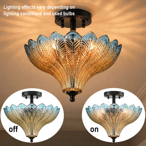 Tropea Black 3-Light Semi-Flush Mount Ceiling Light with Blue-to-Amber Art Glass Shade