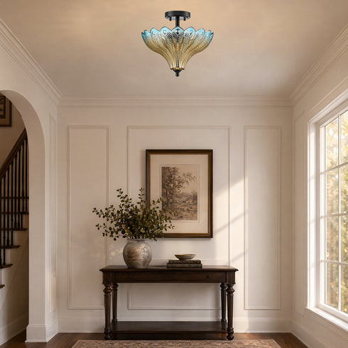 Tropea Black 3-Light Semi-Flush Mount Ceiling Light with Blue-to-Amber Art Glass Shade