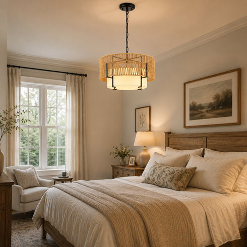 Matera Boho Rattan 4-Light Drum Pendant Light with Handwoven Rope Shade
