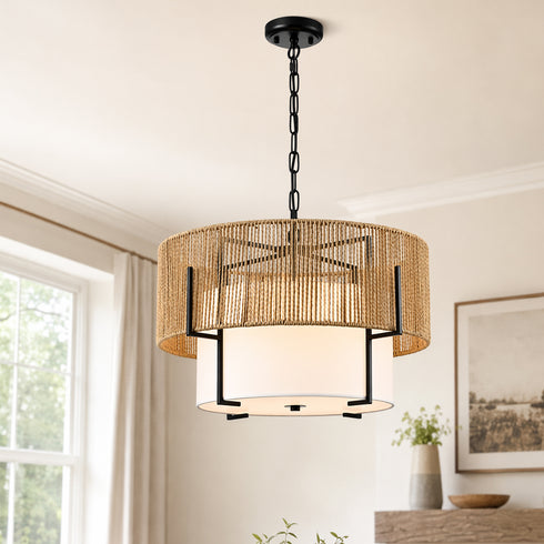 Matera Boho Rattan 4-Light Drum Pendant Light with Handwoven Rope Shade