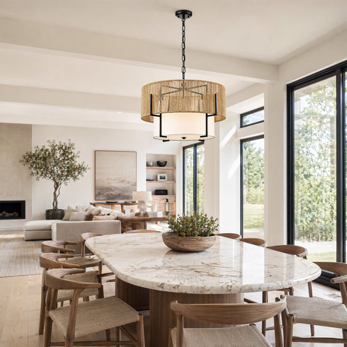 Matera Boho Rattan 4-Light Drum Pendant Light with Handwoven Rope Shade