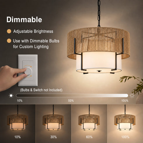 Matera Boho Rattan 4-Light Drum Pendant Light with Handwoven Rope Shade