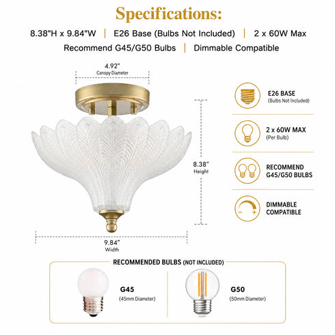 Alberobello 2-Light Gold Semi-Flush Mount Ceiling Light with Frosted Glass Shade