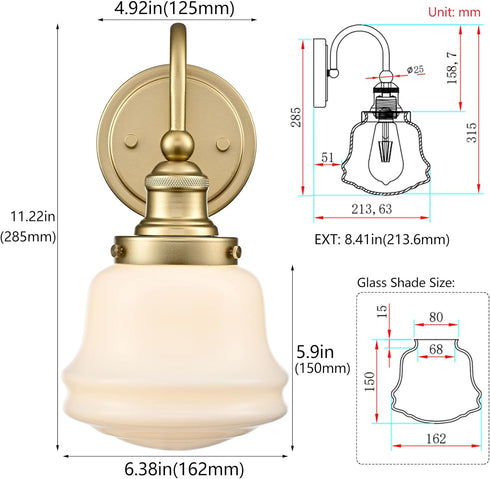 Gallipoli Vintage Milk Glass Wall Sconce with Schoolhouse Shade in Brass