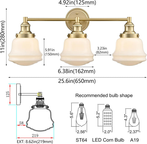 Trani 3-Light Gold Milk Glass Bathroom Vanity Light