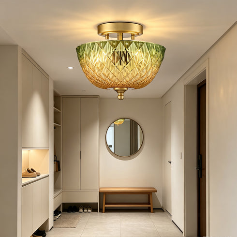 Maratea 2-Light Gold Semi-Flush Mount Ceiling Light with Green & Amber Glass Shade