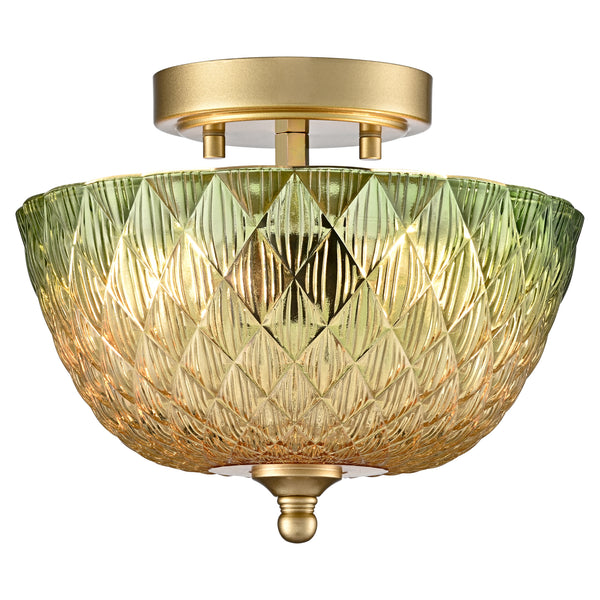 Maratea 2-Light Gold Semi-Flush Mount Ceiling Light with Green & Amber Glass Shade