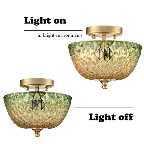 Maratea 2-Light Gold Semi-Flush Mount Ceiling Light with Green & Amber Glass Shade