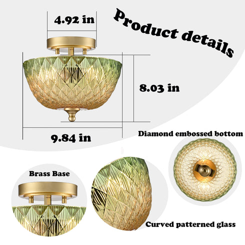 Maratea 2-Light Gold Semi-Flush Mount Ceiling Light with Green & Amber Glass Shade