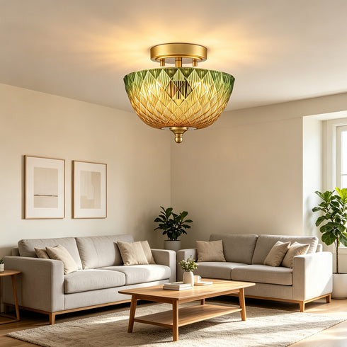 Maratea 2-Light Gold Semi-Flush Mount Ceiling Light with Green & Amber Glass Shade