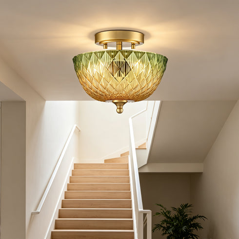 Maratea 2-Light Gold Semi-Flush Mount Ceiling Light with Green & Amber Glass Shade