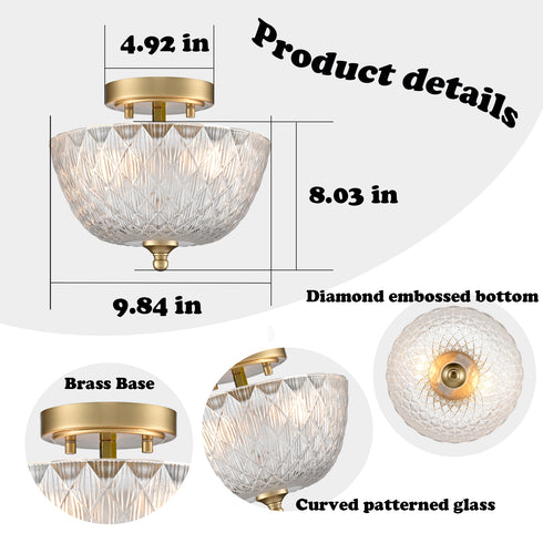 Asolo 2-Light Gold Semi-Flush Mount Ceiling Light with Clear Glass Shade