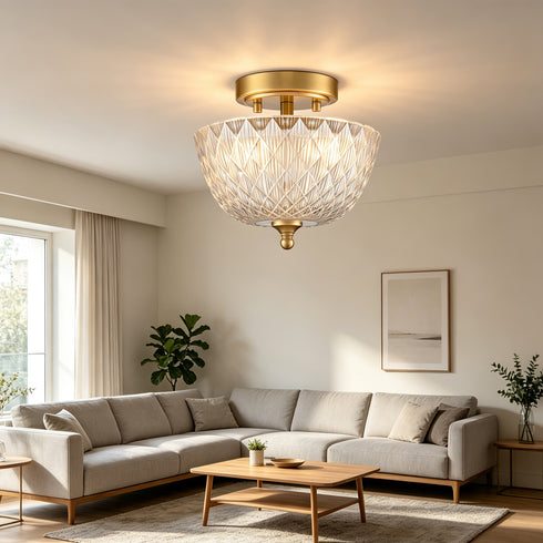 Asolo 2-Light Gold Semi-Flush Mount Ceiling Light with Clear Glass Shade
