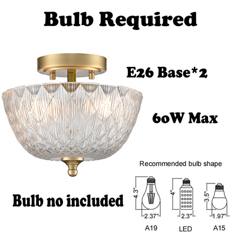 Asolo 2-Light Gold Semi-Flush Mount Ceiling Light with Clear Glass Shade