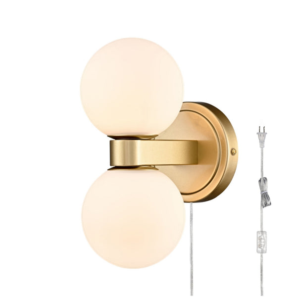 Bergamo Mid-Century Modern Plug-In 2-Light Gold Wall Sconce with Milk Glass Shade