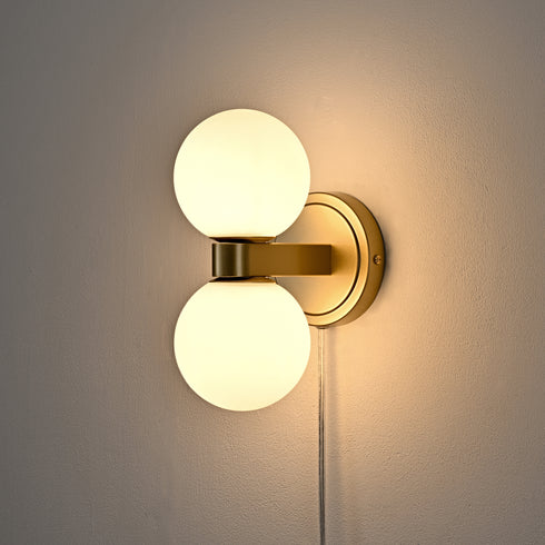 Bergamo Mid-Century Modern Plug-In 2-Light Gold Wall Sconce with Milk Glass Shade